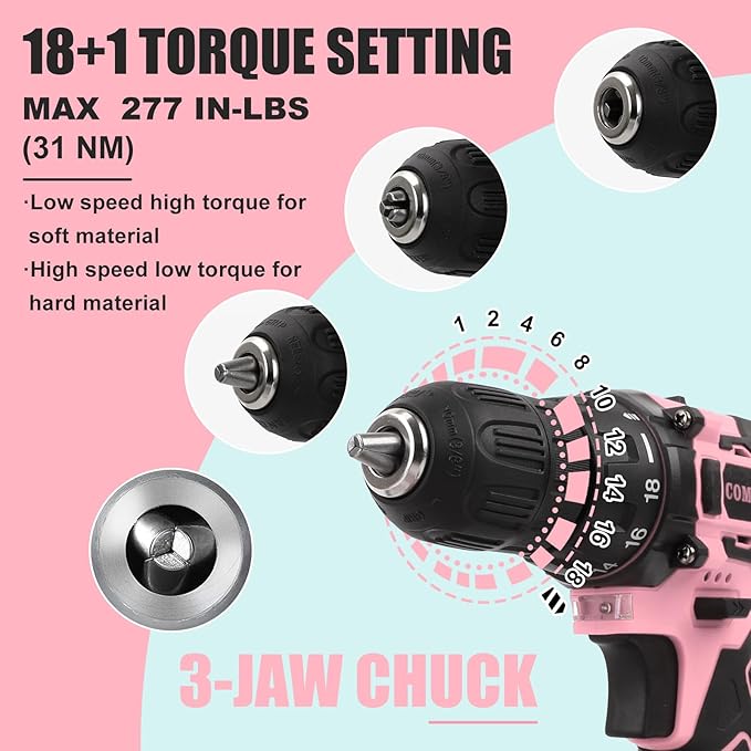 COMOWARE Pink Cordless Drill Set for Women, 12V Lightweight Electric Screwdriver with 3/8" Keyless Chuck, 1.5Ah Battery - Portable Power Drill Kit with Pink Tool Bag for Home DIY Projects