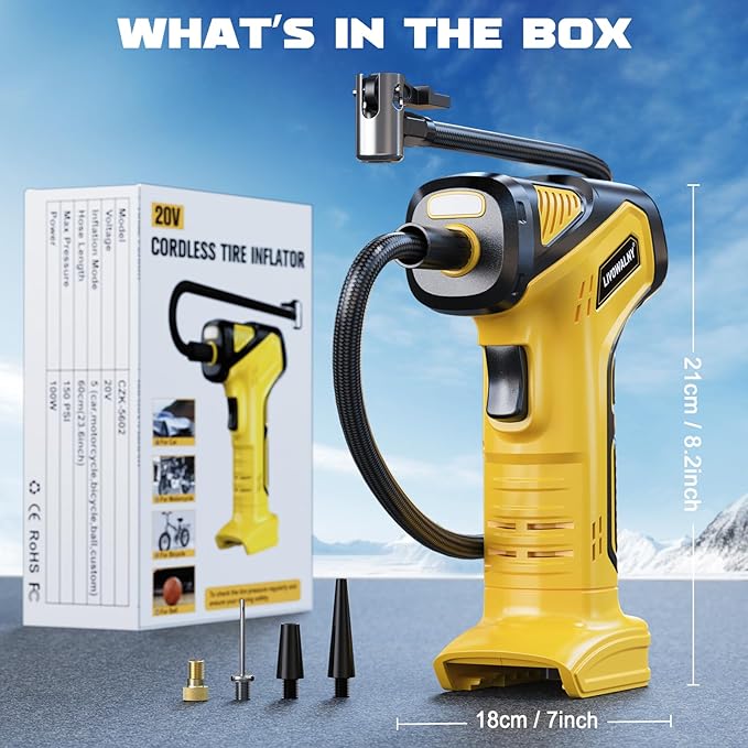 Tire Inflator Portable Air Compressor Compatible With Dewalt 20V Battery, LIVOWALNY 150PSI Air Pump Cordless Tire Pump Digital Pressure Gauge, Tire Inflator for Car, Bike, Motorcycle (No Battery)