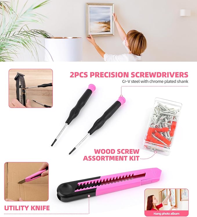 DOWELL 116Pcs Pink Tool Kit with 3.6V USB Cordless Screwdriver, Small Drill Set for Women, Girls