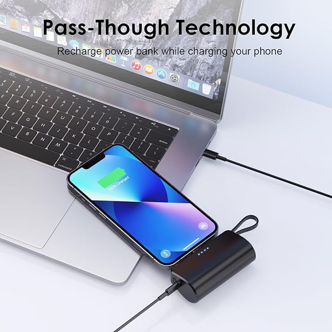 Mini Portable Charger for iPhone with Built-in Type-C Cable, 5200mAh Ultra-Compact Power Bank, PD 20W Fast Charging Battery Pack Phone Charger for iPhone 16/15/14/13/12, Samsung, Google, Android