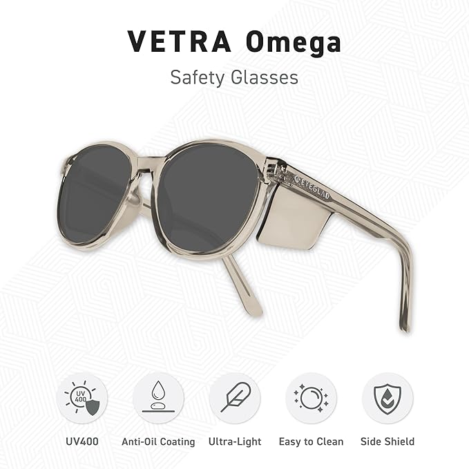 VETRA Omega Z87+ Safety Glasses UV400 Side Shield Anti-Oil Coating CP Frame Eyewear