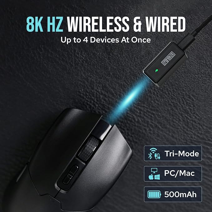 EPOMAKER Click Gaming Mouse Wireless 2.4Ghz/Bluetooth/Type-C, 800 to 42,000 DPI Adjustable, 8K Polling Rate, 500mAh, Lightweight Optical Mouse, for PC/Mac/Linux (Black)