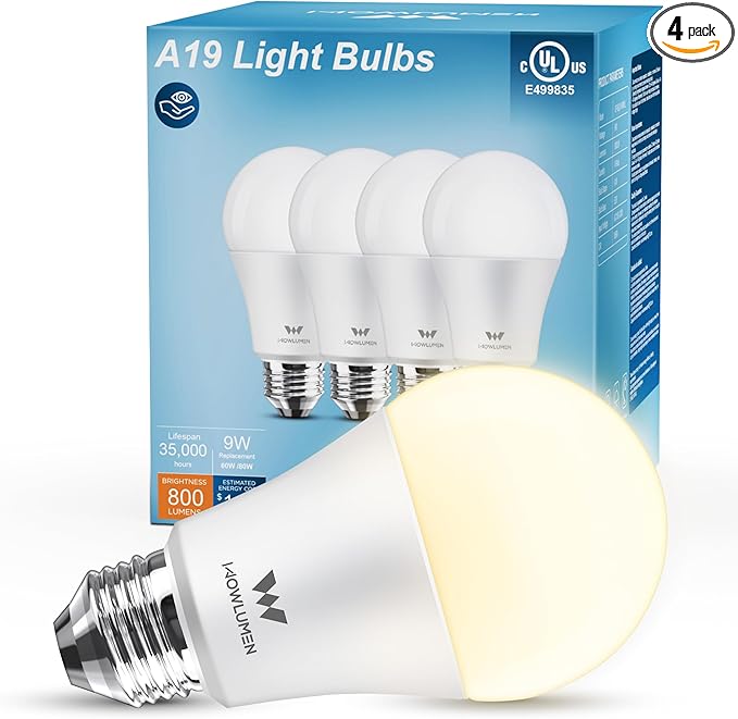 A19 LED Light Bulb,9W E26 Light Bulbs(60 Watt/80 Watt Equivalent),3500K Soft White,Non-Dimmable,800LM Standard Base for Bedroom, Kitchen, Living Room, Office,UL Listed,4 Packs