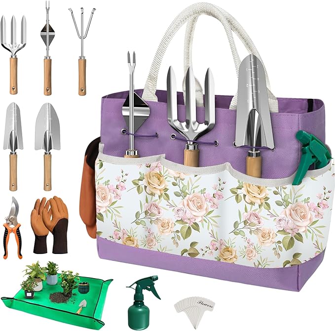 22Pcs Gardening Tools Set for Women Heavy Duty Garden Hand Tools Yard Work Tools Gardener Gifts Gardening Accessories with Tote Bag/Shovel/Mat/Plant Labels/Gloves