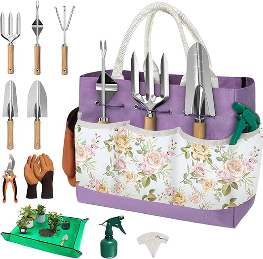 22Pcs Gardening Tools Set for Women Heavy Duty Garden Hand Tools Yard Work Tools Gardener Gifts Gardening Accessories with Tote Bag/Shovel/Mat/Plant Labels/Gloves