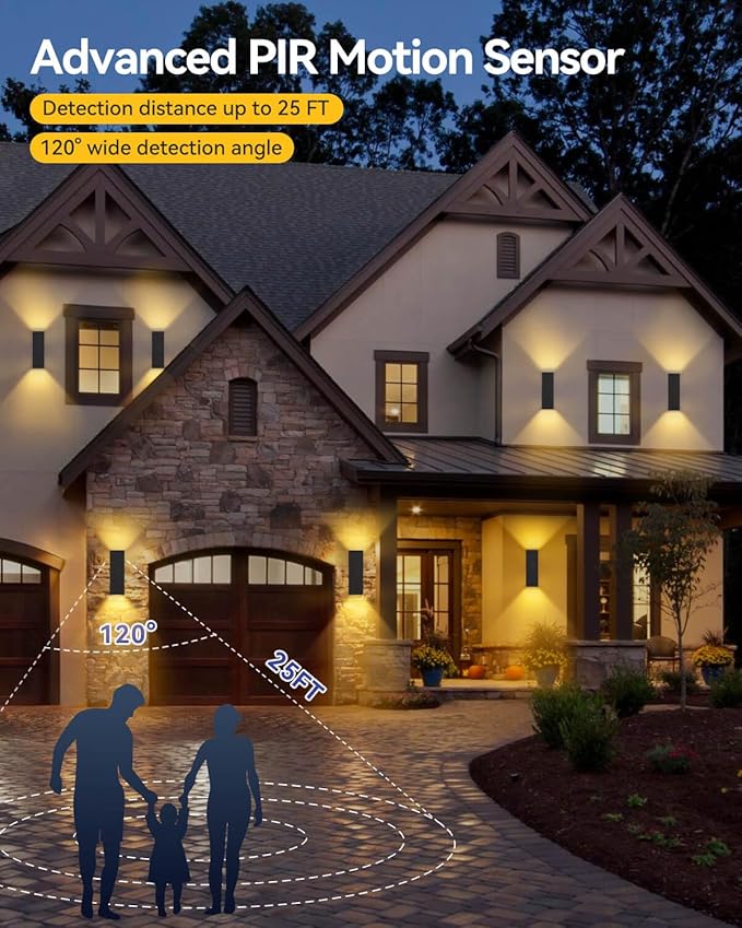 KIZON Motion Sensor Outdoor Lights, Modern Outdoor Sconce Light Wall Mount, Black Motion Detector Lights for Outside, Aluminum Up and Down Light for House Porch Front Door