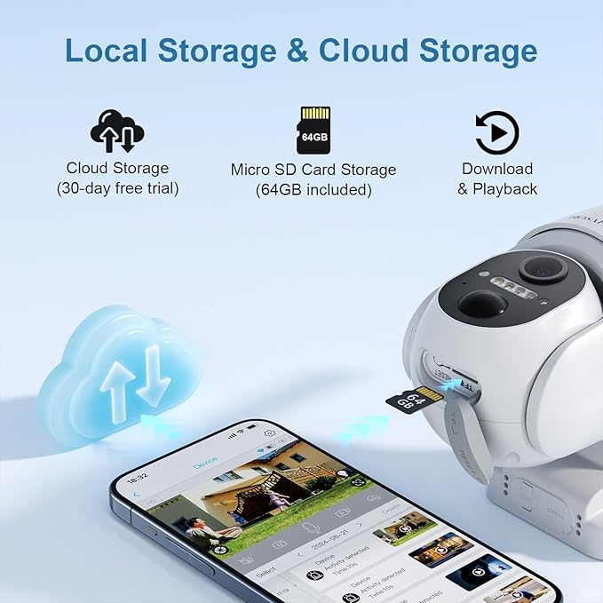 Security Cameras Wireless Outdoor, WIFI Cameras for Home Security, Wireless Outdoor Security Camera Solar Powered, 360 Camera with PTZ, PIR Sensor, 2K HD Color Night Vision, SD/Cloud, IP66 Waterproof