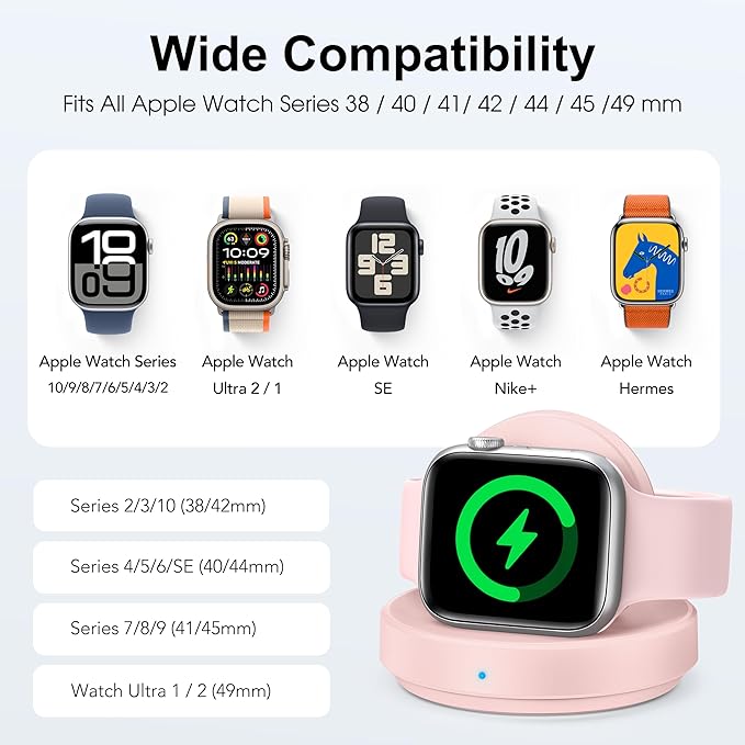 Portable Magnetic Charging Dock for Apple Watch, Wireless Fast Watch Charger Stand with Charging Cable, Support Nightstand Mode, Compatible with Apple Watch Series 10 9 8 7-Pink