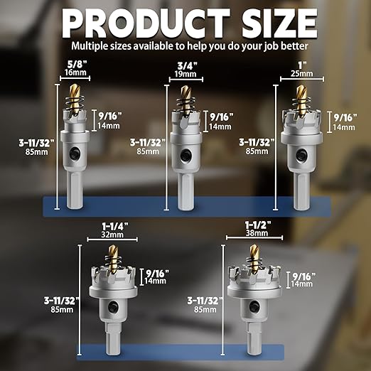 CSOOM Carbide Hole Saw 5 pcs kit, Metal Steel Hole Saw Bits, TCT Hole Cutter for Stainless Steel, Iron, Aluminum, Alloy, Plastic