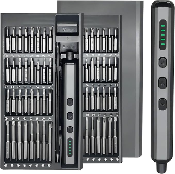 Electric portable screwdriver. 70-in-1 mini precision electric screwdriver set. Essential repair tools for home use.