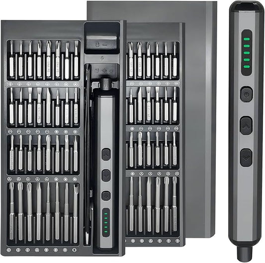 Electric portable screwdriver. 70-in-1 mini precision electric screwdriver set. Essential repair tools for home use.