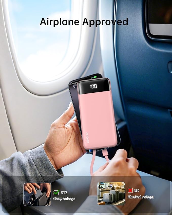 Portable Charger with Built-in Cables 10000mAh Power Bank with Cords, Slim Fast Charging Battery Pack, Travel Essential Portable Charger for iPhone 17/16/15/14/13 Series, Samsung Google Pixel iPad