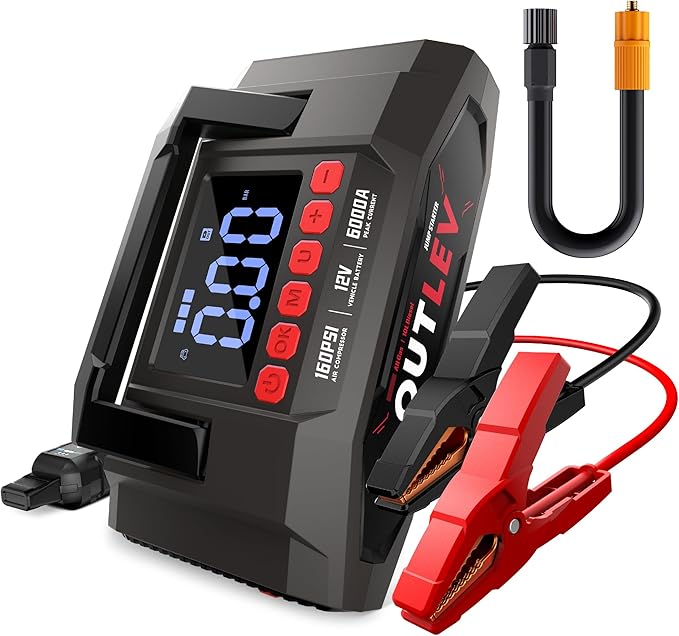 Jump Starter with Air Compressor (6000A 160PSI) - All-in-One Portable Jump Starter for Cars, Trucks, RV, Boat - Fast Charging, Safety Protection, Essential for Road Trips & Emergencies