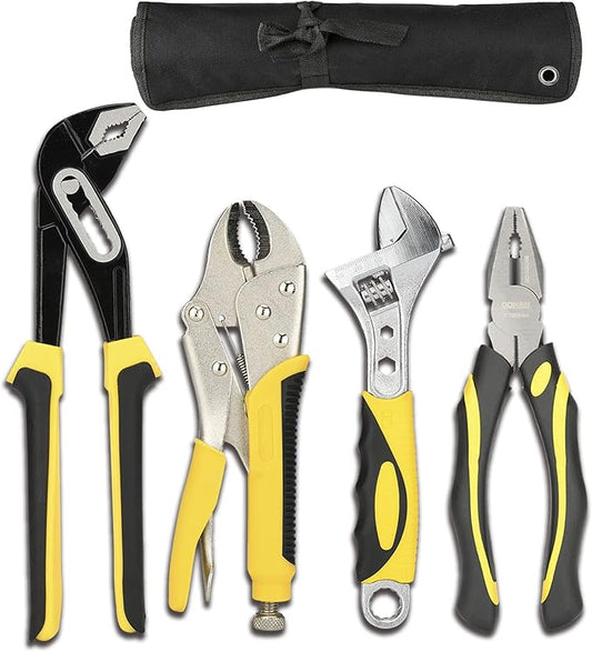 DOWELL 4-Piece Pliers Set - 8 & 10-Inch Combination, Locking & Groove Joint Pliers, Adjustable Wrench, Tool Pouch