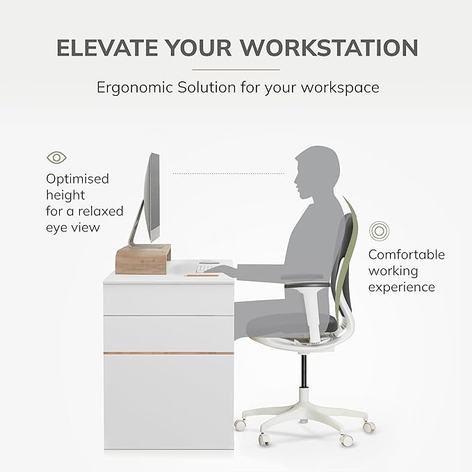Anji Mountain Wood Monitor Stand Riser Desk Desktop Organizer Table for Home, Office Workspace, Laptop Riser, Ergonomic Design Stand for Gaming Setup, with Power Source, Biscotti