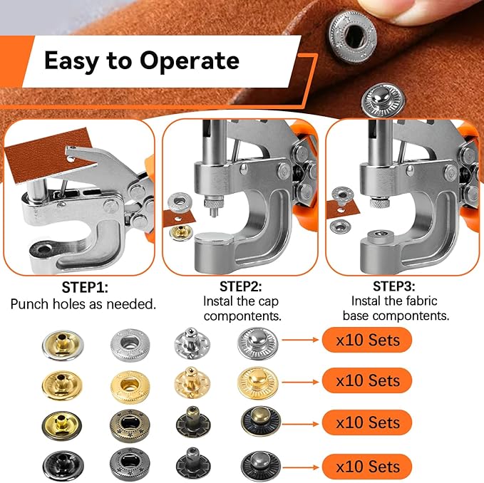 Sopnom Leather Snap and Fastener Kit - Press Pliers With 15mm Metal Buttons, 40 Sets in 4 Colors for Fabric, Clothes, Jackets, Purse, Belts, Bags