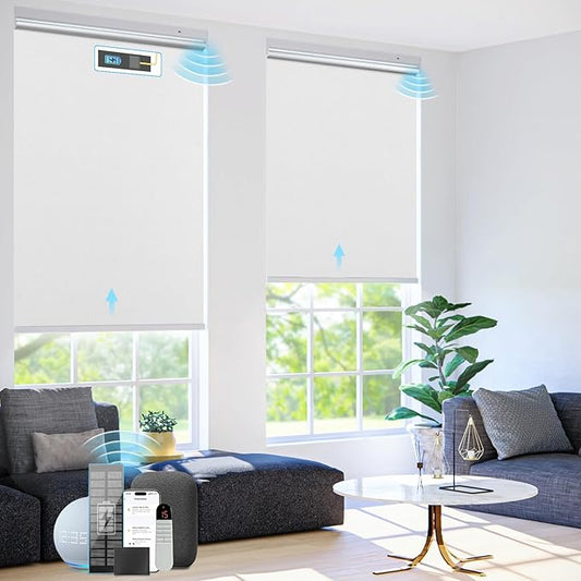 Motorized Blinds with Remote Control【Solar Panel Included】 100% Blackout Smart Roller Blinds Automatic Blinds for Windows Cordless Electric Shades Compatible with Alexa White,23" W*72" H