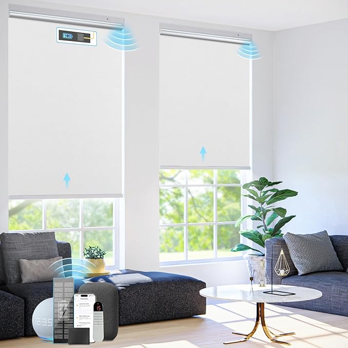 Motorized Blinds with Remote Control【Solar Panel Included】 100% Blackout Smart Roller Blinds Automatic Blinds for Windows Cordless Electric Shades Compatible with Alexa White,33" W*72" H