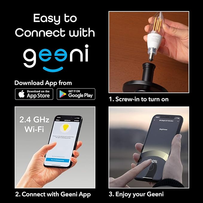 Geeni LUX Edison B11 Filament WiFi LED Smart Bulb, B11 Candelabra, 4W, E12 Base, Dimmable, White Light, Compatible with Amazon Alexa & Google Home - No Hub Required- 4 Pack