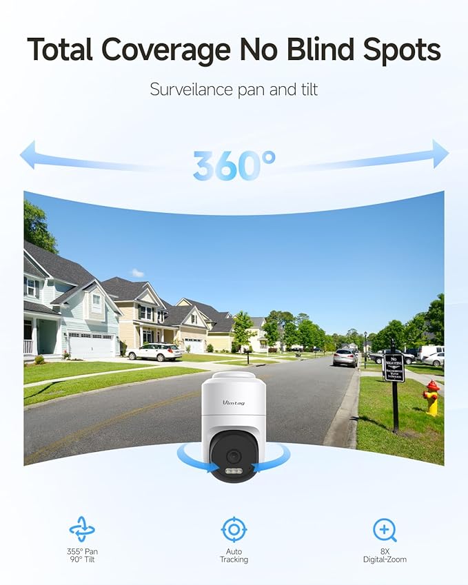 VIMTAG 2.5K Cameras for Home Security, Plug-in Power Security Camera Outdoor/Indoor, 2.4G/5G Wi-Fi, 360° View, Motion Tracking, Free AI Detection & Siren, Color Night Vision, IP66, SD/Cloud Storage