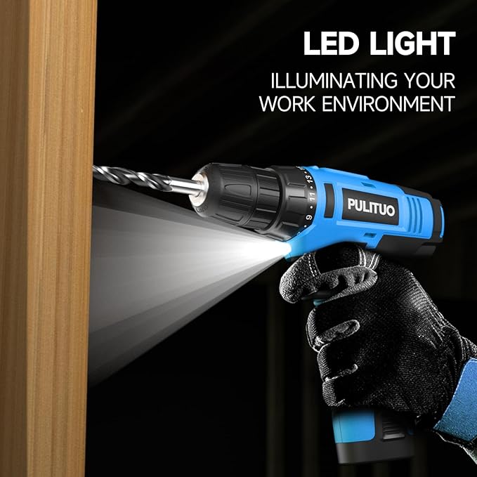 PULITUO 12V Blue Cordless Drill Set - Power Drill Kit with Battery and Charger, 3/8-Inch Keyless Chuck, Built-in LED, 21+1 Torque Setting