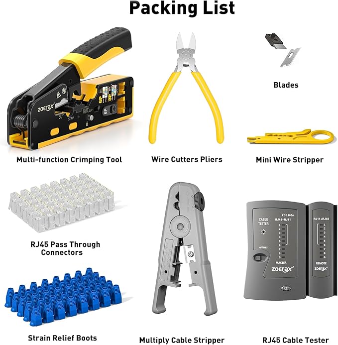 Cat7 RJ45 Crimping Tool, Cat 7 Cat6 Cat5 Pass Through Ethernet Crimping Tool Kit, Network Crimping Tool With Cable Tester, Multiply Stripper, Blades,50Pcs Cat 6 Connectors and Strain Relief Boots