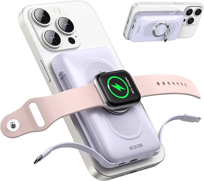 BLAVOR for Magsafe Portable Charger with Built-in Cables, PD 20W Fast Charging,10000mAh Magnetic Wireless Power Bank, Battery Pack with Stand for iPhone 15/14/13/12,Powerbank for Apple Watch(Purple)