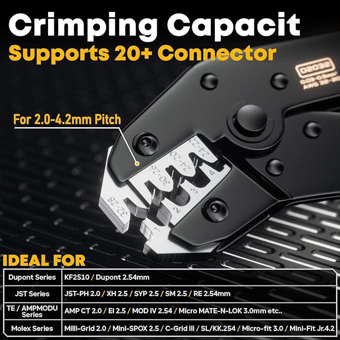 Crimping Tool For JST Electrical Connectors - Ratcheting Wire Crimper - Crimping Pliers - Wire Crimp Tool 32-20 AWG for Dupont, JST-SM, JST-VH, JST-PH, KF2510, AMP EI-Serie, Molex Crimp Tool