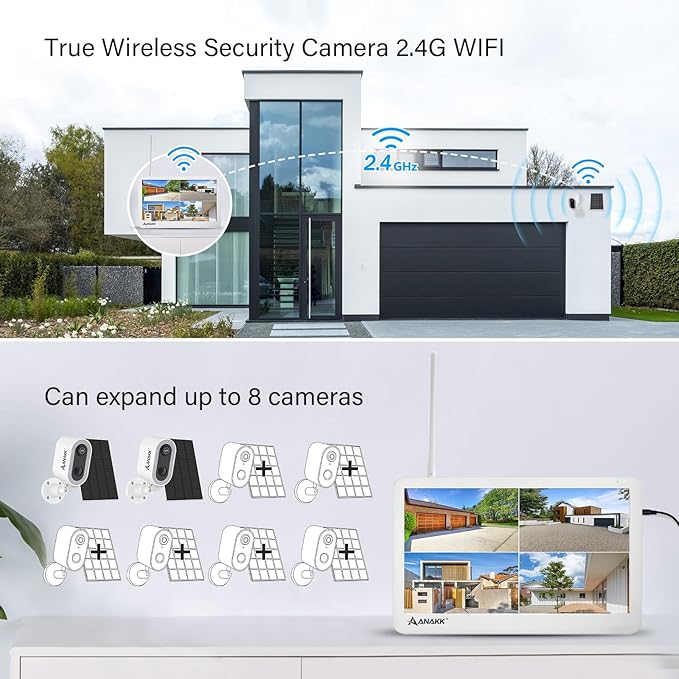 4MP Wireless Security Camera System with 10" LCD Monitor & 64G Card, Outdoor/Indoor WiFi Home Surveillance 24/7 Recording Motion Detection Color Night Vision Two-Way Voice Expandable 10CH