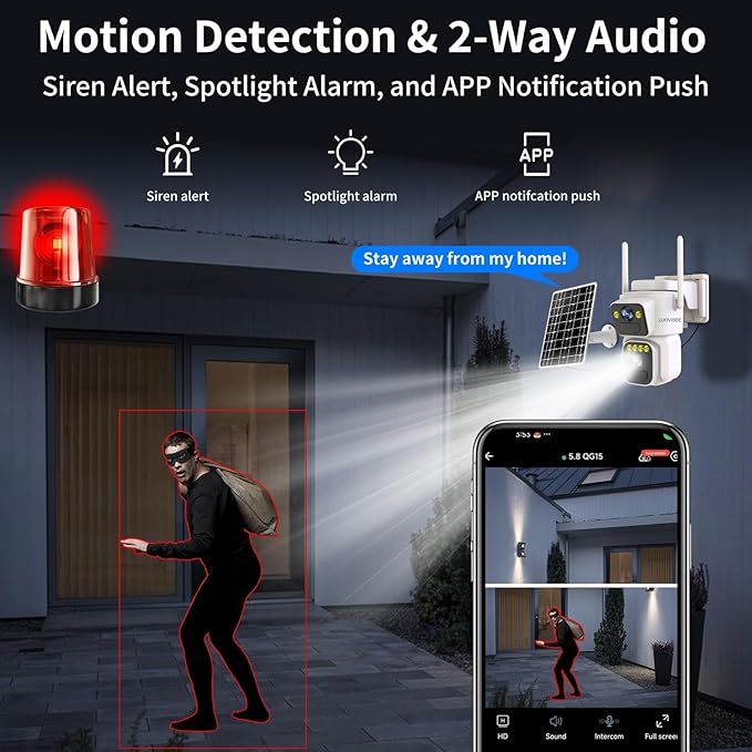 Dual Lens Outside Cameras for Home Security Cameras 4 Pack,2.4G & 5G WiFi,Solar Battery Powered Camera with AI Motion Siren,SD/Free Cloud Storage,No Monthly Fee,Color Night Vidion,Waterproof