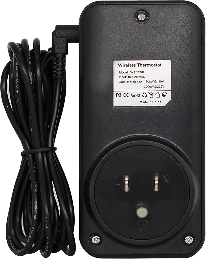 Digital WTC200 Wireless Thermostat Plug-in Temperature Controller Outlet, Remote temp Controller, Thermometer Heating Cooling Mode for Fan Heater Greenhouse Home Brew Reptile - Black
