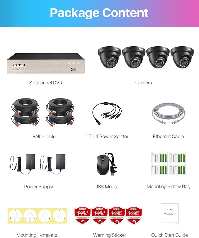 ZOSI 1080p Home Security Cameras System with AI Human/Vehicle Detection,H.265+ 8CH CCTV DVR and 4pcs 2.0MP 1920TVL Surveillance Cameras Indoor Outdoor,80ft Night Vision,Remote Access(No HDD)