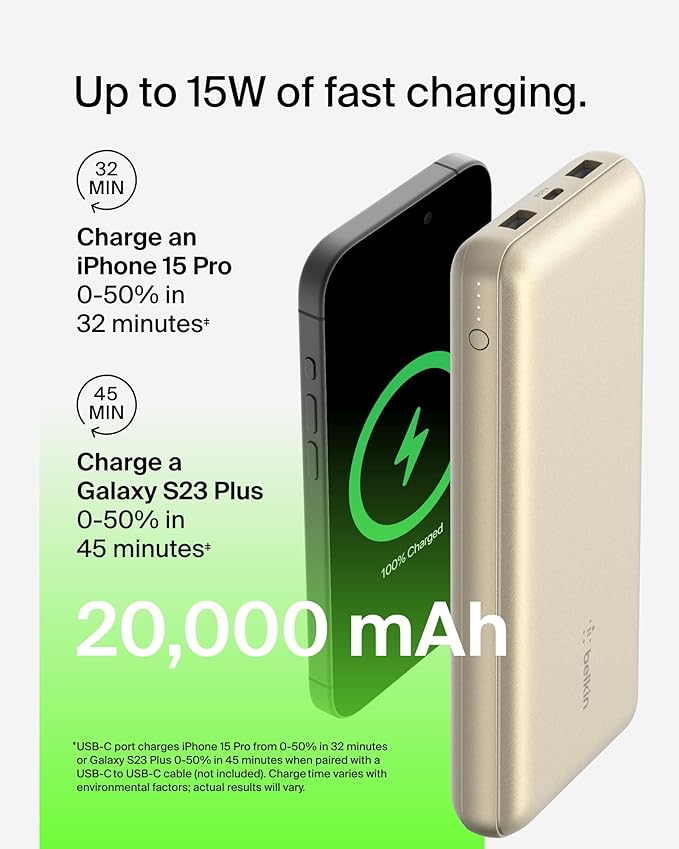 Belkin Portable Charger, USB-C Power Bank 20000 mAh w/ 2xUSB-A Ports, 15W w/Type-C to Type-A Cable for iPhone 17, Air, Samsung Galaxy S25, Pixel, iPad, Nintendo Switch 2, Google Pixel 10, etc. - Gold