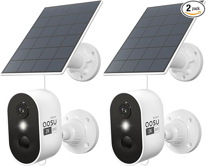 AOSU 2K Solar Security Cameras Wireless Outdoor, Solar Outdoor Camera for Home Security, WiFi Camera with Color Night Vision, PIR Human Detection, 2-Way Talk, IP66 Waterproof (2 Pack)