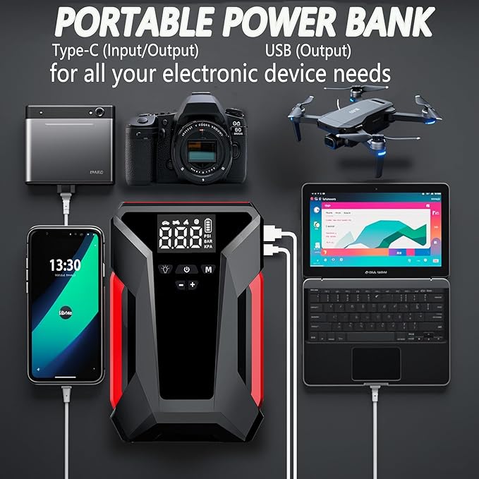 Jump Starter with Air Compressor, 4000A Car Battery Jumper Starter Portable (8L GAS/6L Diesel),12V Jump Box for Car Batter with 150 PSI Tire Inflator, Emergency LED Flashlight, 65W Fast Charger