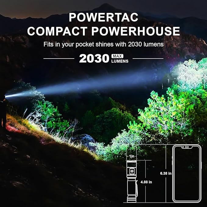 Powertac M6 G3 Tradesman Flashlight – 2030 Lumens, 330m Long Throw, Magnetic Tail, Rechargeable Compact EDC LED Light for Camping, Hiking, and Outdoor Use