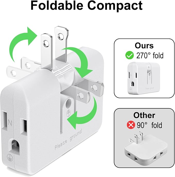 2-Prong/3-Prong Swivel Adapter, Polarized Grounding Converter with Flat Wall Plug, Fireproof 3-Outlet for Home Use (2 Pack)