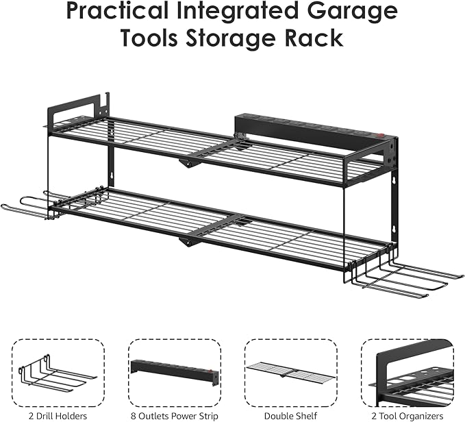 CCCEI Large Garage Tools Storage with Charging Station. Power Tool Battery Organizer Utility Shelf with Power Strip. 4 Drills Holder Wall Mount Rack.