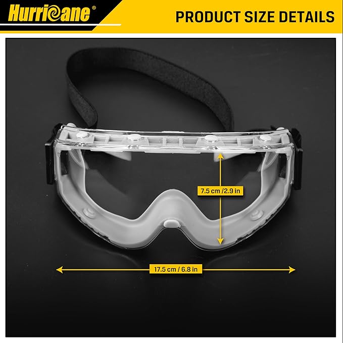 HURRICANE PVC Safety Goggles, UV400 Clear Lenses, Anti-Fog Function, Adjustable Elastic Head Strap