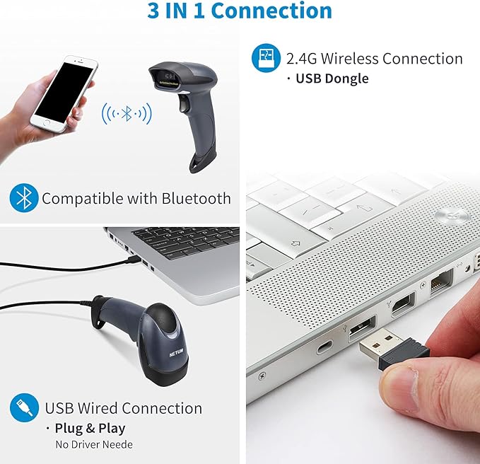 NETUM Bluetooth 1D Barcode Scanner with Stand 2.4G Wireless & Bluetooth & Wired CCD Scanner Gun for Supermarket, Store, Warehouse Handheld Bar Code Reader Work with Windows, Mac,Android, iOS -M6S