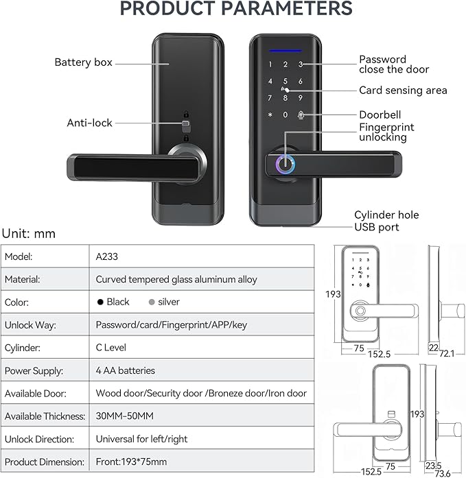 Smart Front Door Lock with Lever Handle, Keyless Entry Keypad Fingerprint Deadbolt, APP Control Biometric Electronic Digital Touchscreen Knob Set