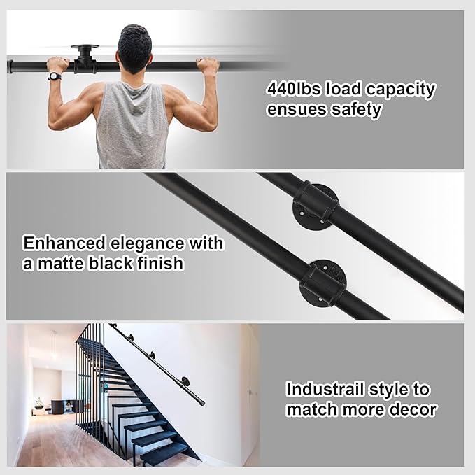 SCIEO Stair Railing Indoor, 8FT Staircase Handrail Wall Mount Hand Rail for Indoor & Outdoor Steps, Industrial Pipe Stair Handrails Grab Bar Metal Galvanized Steel Hand Railing for Stairs Steps