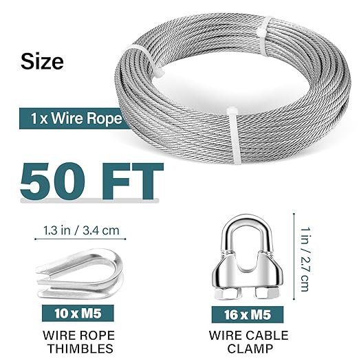 3/16 Wire Rope, 50ft 3/16 Stainless Steel Cable Wire, 7x19 Strand Aircraft Cable Wire Rope Kit, 3700lbs Breaking Strength with 3/16 Cable Clamps,Thimble for Deck Railing Shade Sails String Lights