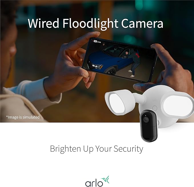 Arlo Wired Floodlight Camera | Home Security Camera with 2K Video and HDR | 2000 Lumens | Integrated Siren, Weather-Resistant, Color Night Vision, 160º Field of View, 2-Way Audio, White (2025)