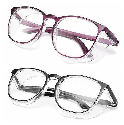 Alsenor Safety Glasses Anti Fog Goggles Protective Eyewear Blue Light Blocking Anti Dust UV Protection Glasses For Men Women (2 Pack (New Purple + Black))