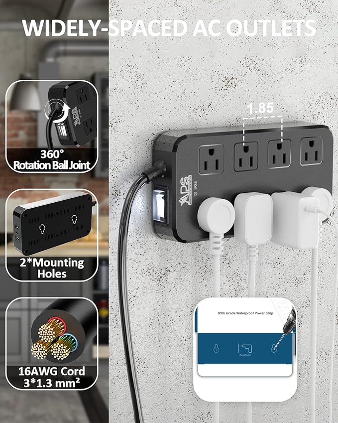 Outdoor Power Strip Weatherproof, Waterproof Surge Protector with 8 Wide Outlet with 3 USB Ports, 10FT Extension Cord,1875W Overload Protection,Outlet Extender for Christmas Lights ETL Listed Black