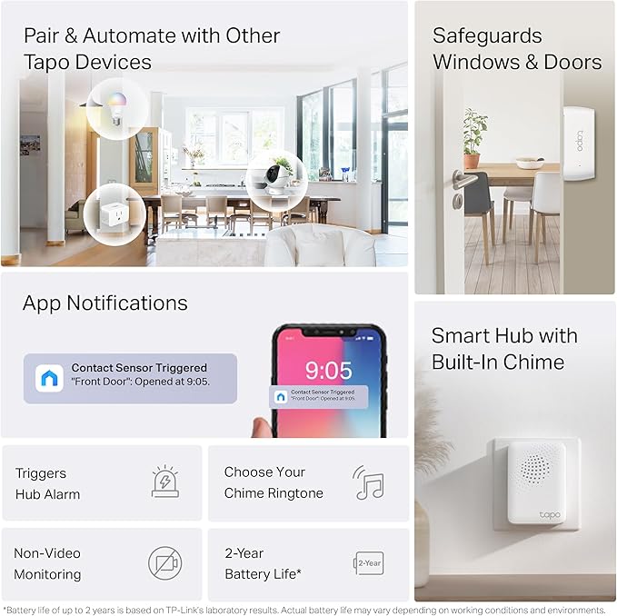 Tapo Door Sensor Starter KIT, Matter Compatible, 3X Smart Door Window Contact Sensor and 1x Smart Hub with Built-in Chime, Smart Automation, Real-Time Notification, T31 KIT