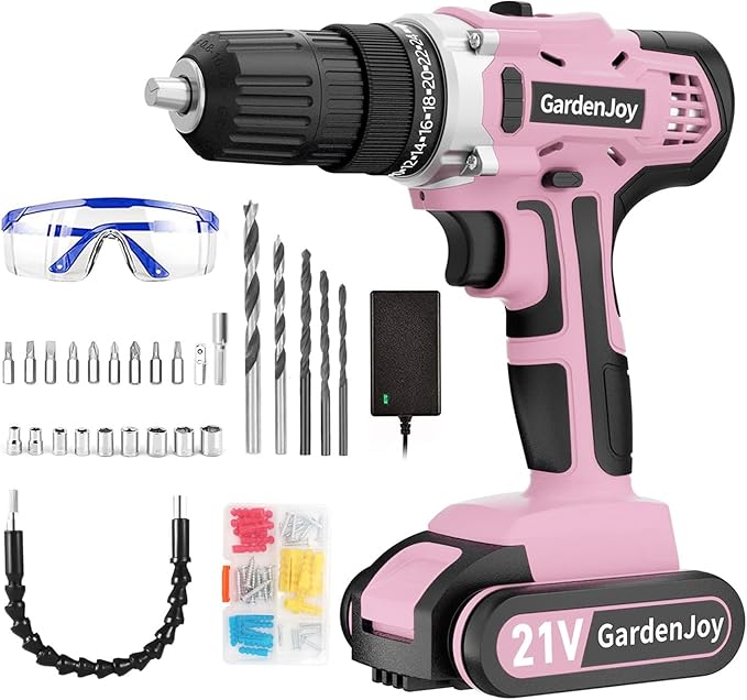 GardenJoy Cordless Power Drill Set - 21V Electric Drill Driver Kit with Battery and Fast Charger, 65pcs Acessories, 2 Variable Speed Control, 3/8-Inch Keyless Chuck and 24+1 Torque Setting