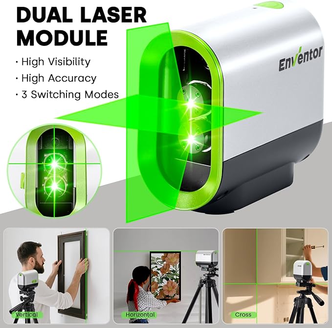Enventor Green Laser Level, Self Leveling Laser Level for Picture Hanging and Home DIY, Horizontal and Vertical Cross-Line Laser, Rotatable 360° Magnetic Holder, Pulse Mode, USB Charging