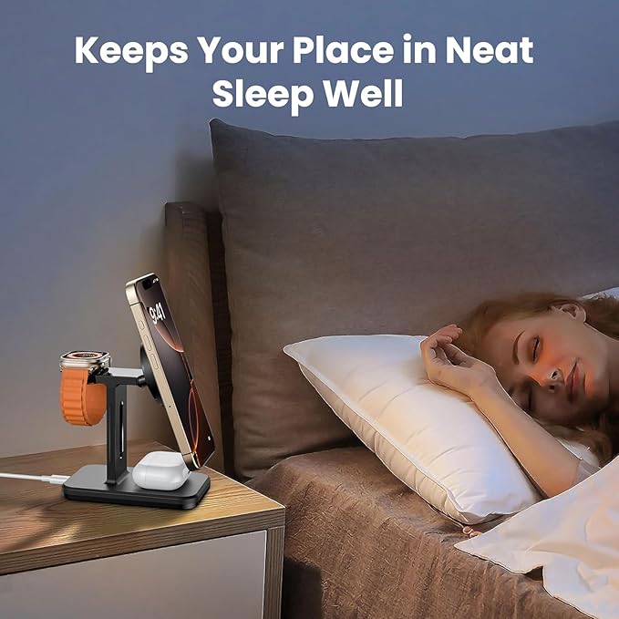 3 in 1 Fast Wireless Charging Station for Magsafe Apple Devices, Aluminum Alloy Charger Station with Adapter, Magnetic Charging Stand for iPhone 16/15/Pro/ProMax/14/13/12, Apple Watch & AirPods, Black